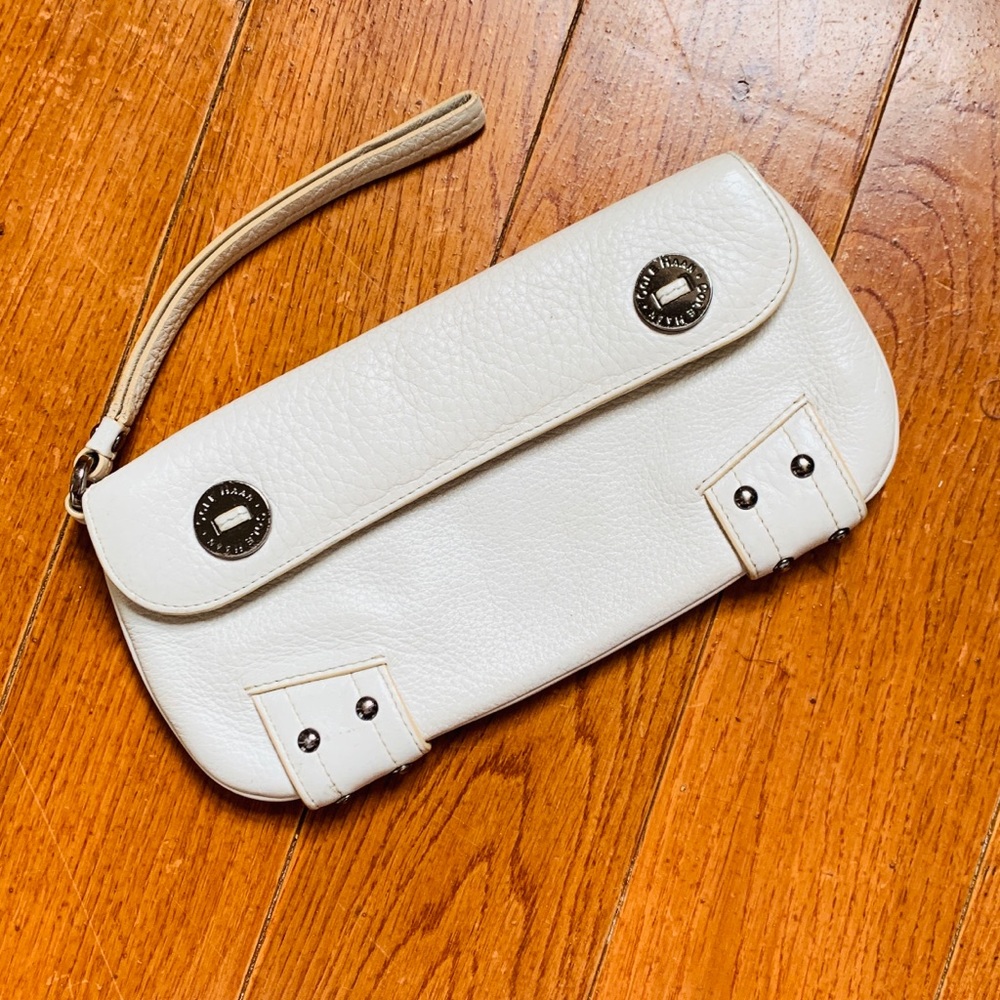 White Pebbled Leather Cole Hahn clutch with strap